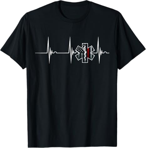 Firefighter EMS Heartbeat EKG Pulse Fireman American Flag T-Shirt